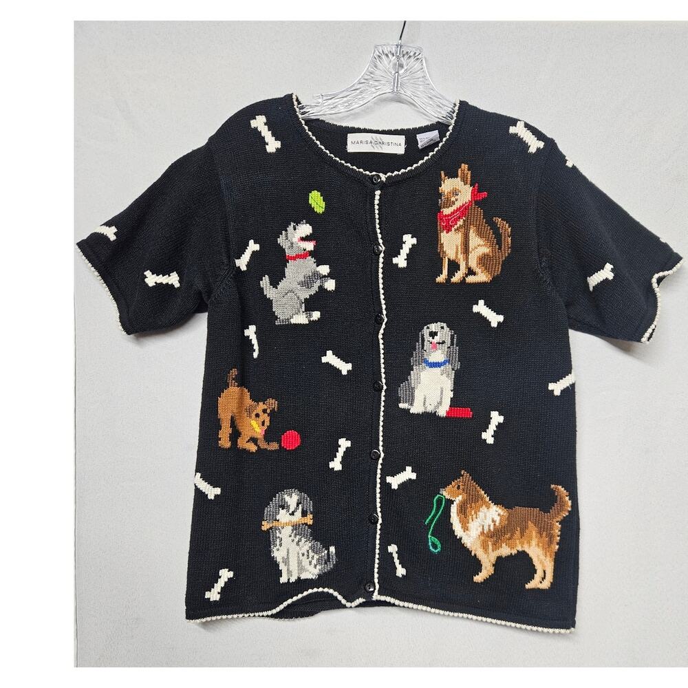 Marisa Christina 90s Vintage Dog Short Sleeve Button Cardigan Sweater